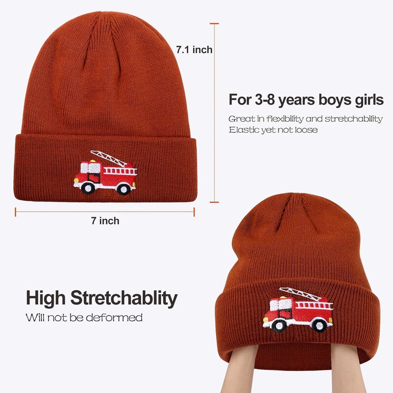 KDVOG Store Kids Knit Beanie Cute Fire Trucks Embroidery Warm Cuffed Skull Caps Classic Autumn Winter Hats for Boys Girls 3-8 Years - Image 5